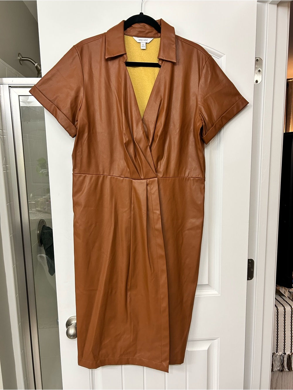 Nine West faux leather jacket in cognac brown with yellow lining